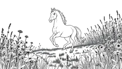 Un cheval noir et blanc galope dans un champ de fleurs sauvages dans un dessin au trait.