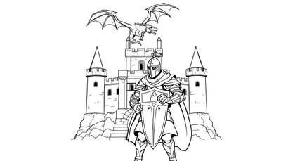Chevalier devant un château avec un dragon, comme une plaque à colorier.