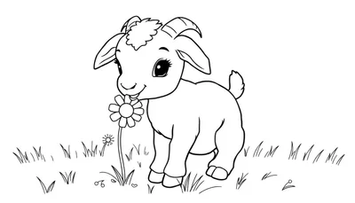 Un chevreau mignon en noir et blanc prêt à être colorisé, mangeant une marguerite.