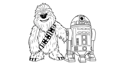 Dessin au trait de Chewbacca et R2-D2.