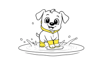 Un adorable chiot de dessin animé en manteau jaune et bottes pataugeant joyeusement dans une flaque d'eau, sur un fond blanc. Page de coloriage noir et blanc.