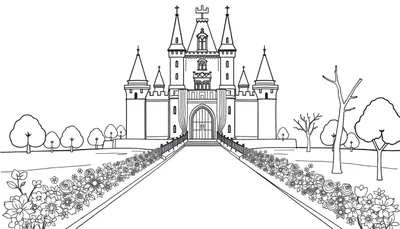 Dessin au trait d'un château de conte de fées entouré d'un jardin luxuriant, avec un chemin menant à la porte d'entrée.