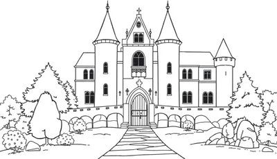 Un dessin au trait d'un grand château perché sur une colline.