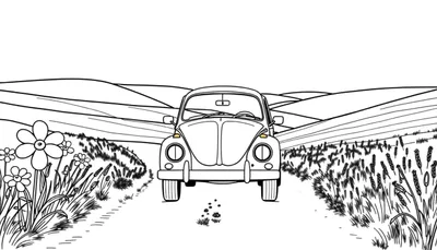 Dessin au trait d'une Coccinelle Volkswagen sur une route de campagne avec des montagnes en arrière-plan, parfait pour un color panel.