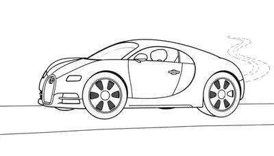 Une voiture de sport Bugatti dessinée au trait avec des yeux joyeux et des pneus souriants, prête à être coloriée sur un color panel.