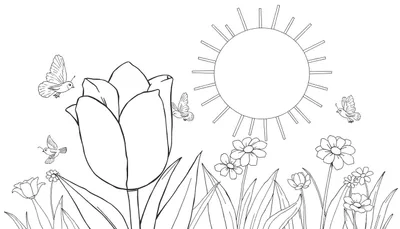Color panel avec une tulipe, des marguerites, de l'herbe, des oiseaux et un soleil.