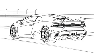 Dessin au trait d'une Lamborghini Huracan sur une piste de course, prête pour le coloriage.
