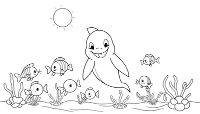 Color panel: Dauphin joyeux avec des poissons et des plantes marines.