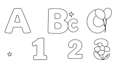 Page de coloriage avec des lettres et chiffres décorés: A, B, C, 1, 2, 3