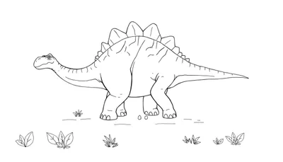 Un dessin au trait d'un stégosaure amical dans un champ, prêt pour un color panel.