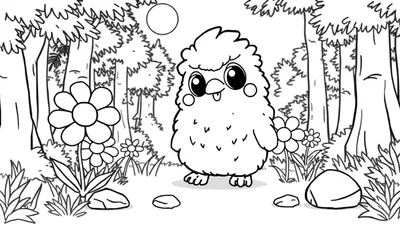 Un dessin au trait noir et blanc d'une créature ressemblant à un oiseau poilu et adorable, tenant une fleur, dans une forêt. Idéal pour un color panel.