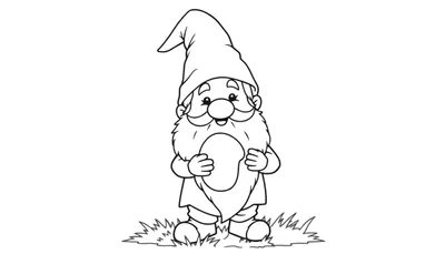 Dessin en noir et blanc d'un gnome de jardin amical, prêt pour le color panel.