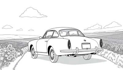 Voiture de sport classique Alfa Romeo sur route de campagne, illustration noir et blanc, color panel