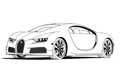 Illustration au trait d'une voiture de sport Bugatti en noir et blanc, prête à être coloriée.