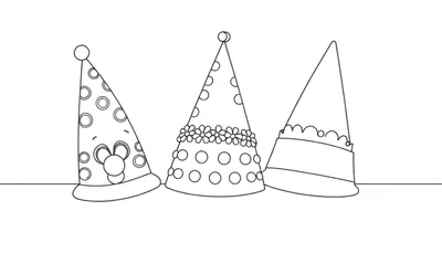 Trois chapeaux de fête colorés, parfaits pour une page de coloriage.