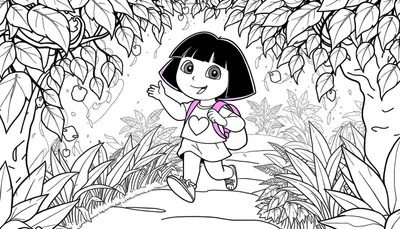 Dora l'exploratrice souriante, main levée, dans une forêt luxuriante prête pour un coloriage.