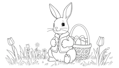 Un lapin de Pâques souriant avec un panier d'œufs décorés dans un champ de tulipes et de marguerites, prêt pour la coloration.