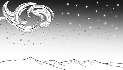 Paysage nocturne en noir et blanc avec des montagnes pointues, un ciel étoilé et un nuage stylisé, idéal pour un color panel.