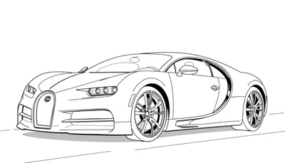 Dessin au trait noir et blanc d'une Bugatti Chiron en profil trois quarts, prête à être coloriée.