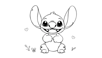 Un dessin au trait de Stitch souriant, tenant ses mains, entouré de cœurs et de plantes.