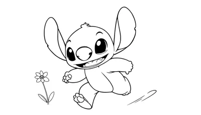 Dessin au trait de Stitch courant, souriant, avec une fleur, dans un color panel.