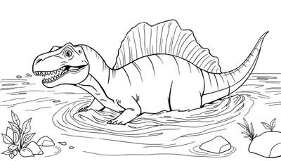 Un dessin au trait d'un spinosaure nageant, avec sa voile dorsale visible dans une rivière.