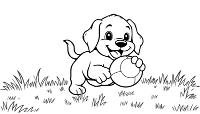 Une coloriage d'un chiot joyeux tenant une balle dans l'herbe.