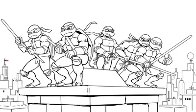 Dessin en noir et blanc des Tortues Ninja sur un toit, prêt à colorier.
