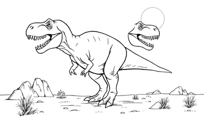 Un dessin au trait noir et blanc d'un tyrannosaure rex rugissant avec des rochers et de l'herbe.