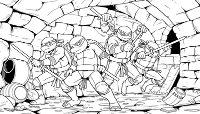 Quatre Tortues Ninja dans un égout, prêtes au combat.