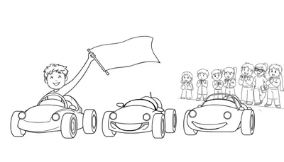 Dessin au trait d'une course de voitures joyeuse avec des enfants encourageant. Un garçon tient une bannière dans une voiture souriante. Les autres enfants ont les mains jointes. Le color panel est prêt à être coloré.
