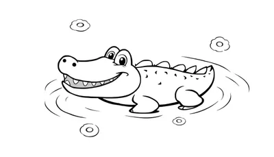 Un dessin au trait d'un crocodile souriant avec des pointes sur le dos, nageant dans l'eau avec des cercles et des fleurs, prêt pour un color panel.