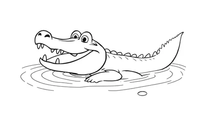 Dessin au trait noir et blanc d'un crocodile souriant nageant dans l'eau, prêt à être colorié.