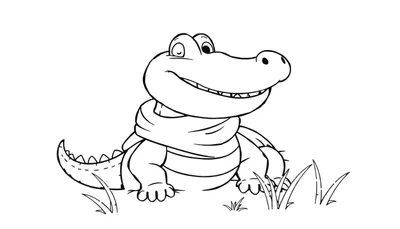 Dessin au trait d'un crocodile de dessin animé souriant avec une écharpe, assis dans l'herbe, prêt pour le color panel.