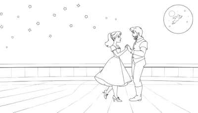 Un couple danse sur un balcon sous un ciel étoilé, style illustration en noir et blanc pour colorier, un color panel.