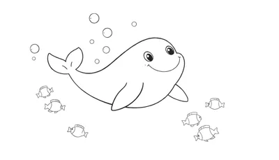 Un dessin au trait d'un dauphin souriant entouré de bulles et de poissons, idéal pour un color panel.