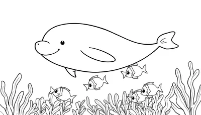 Un dessin simple au trait d'un dauphin de dessin animé nageant au-dessus de petits poissons aux grands yeux et d'algues, prêt pour une page de coloriage color panel.
