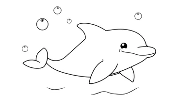 Un dessin au trait simple d'un dauphin joyeux nageant dans l'eau, entouré de bulles, conçu pour un coloriage.