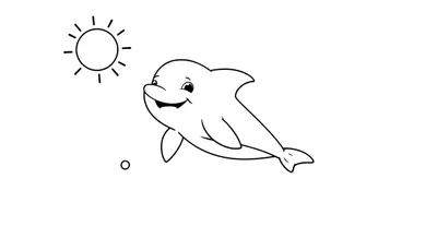 Un dessin au trait d'un dauphin souriant nageant sous le soleil, prêt pour une aventure de coloriage sur un panneau de coloriage.