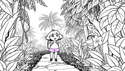 Dora l'exploratrice et Babouche dans la jungle sur un chemin de pierres, prêt pour le coloriage.
