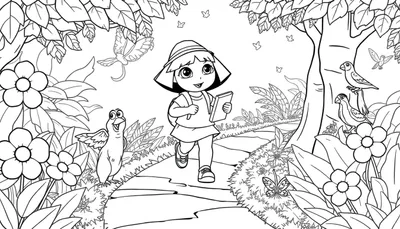 Dora l'exploratrice dessinée, tenant un carnet, marchant dans une forêt avec des oiseaux et des papillons.
