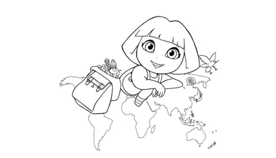 Dora l'exploratrice assise sur une carte du monde avec son sac à dos, prête pour l'aventure.