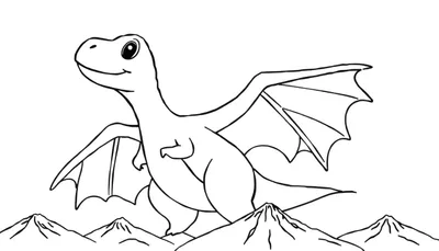 Un dragon de dessin animé mignon et souriant avec des ailes rayées se tient sur des montagnes, prêt à être colorié dans ce color panel.