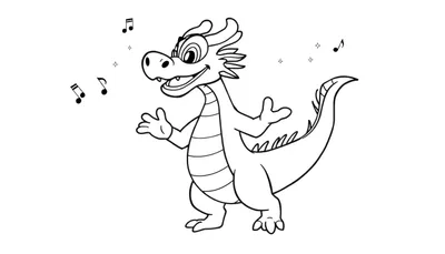 Dragon joyeux et dansant entouré de notes de musique et d'étoiles, prêt à être colorié.