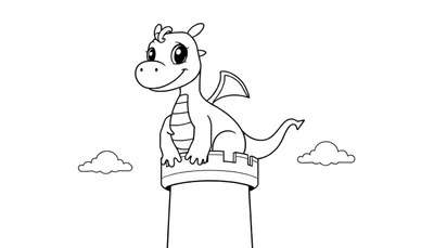 Un dragon amical de dessin animé perché sur une tour de château, conçu pour un panneau de coloriage en noir et blanc.