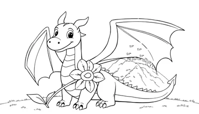 Dessin au trait noir et blanc d'un mignon dragon de dessin animé tenant une fleur, avec une montagne et un château en arrière-plan.