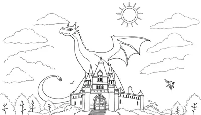 Color panel de dessin au trait d'un dragon majestueux survolant un château, avec un soleil souriant et des nuages moelleux.