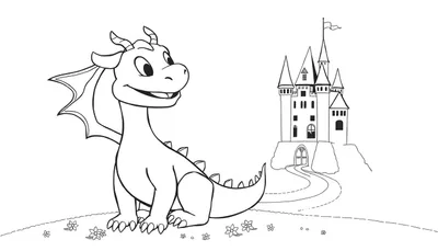 Un dragon amical de dessin animé assis près d'un château de conte de fées, prêt à être colorié.