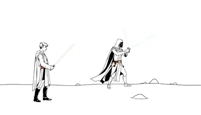 Deux personnages de dessin animé s'affrontent avec des sabres laser colorés sur un fond désertique.
