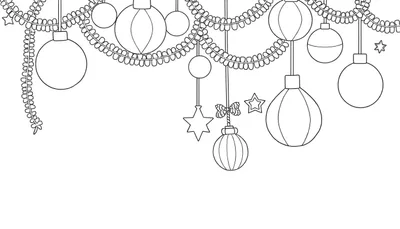 Un panneau de coloration avec des décorations de fête en noir et blanc, y compris des guirlandes de boules et d'étoiles.
